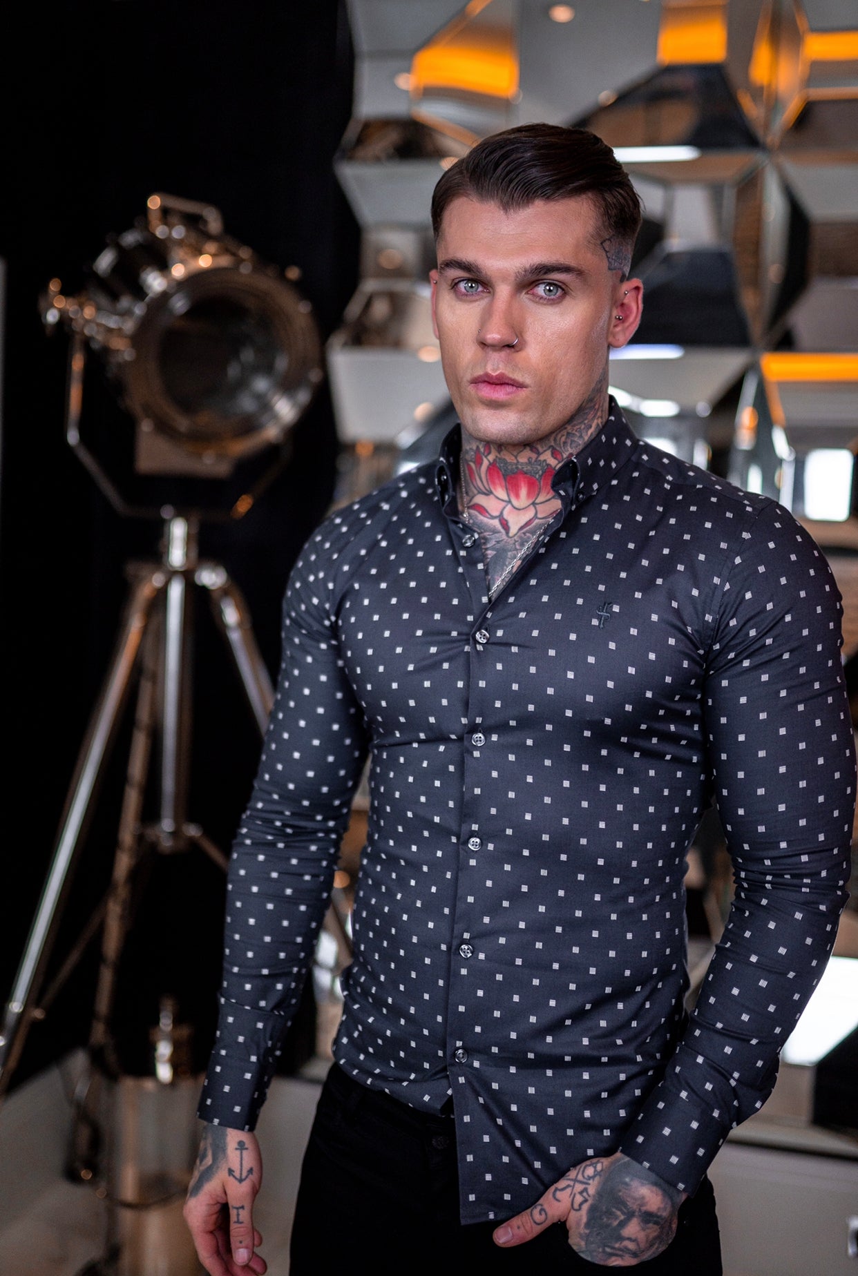 Super Slim Stretch Charcoal & Off White Broken Square Print Long Sleeve - FS663
