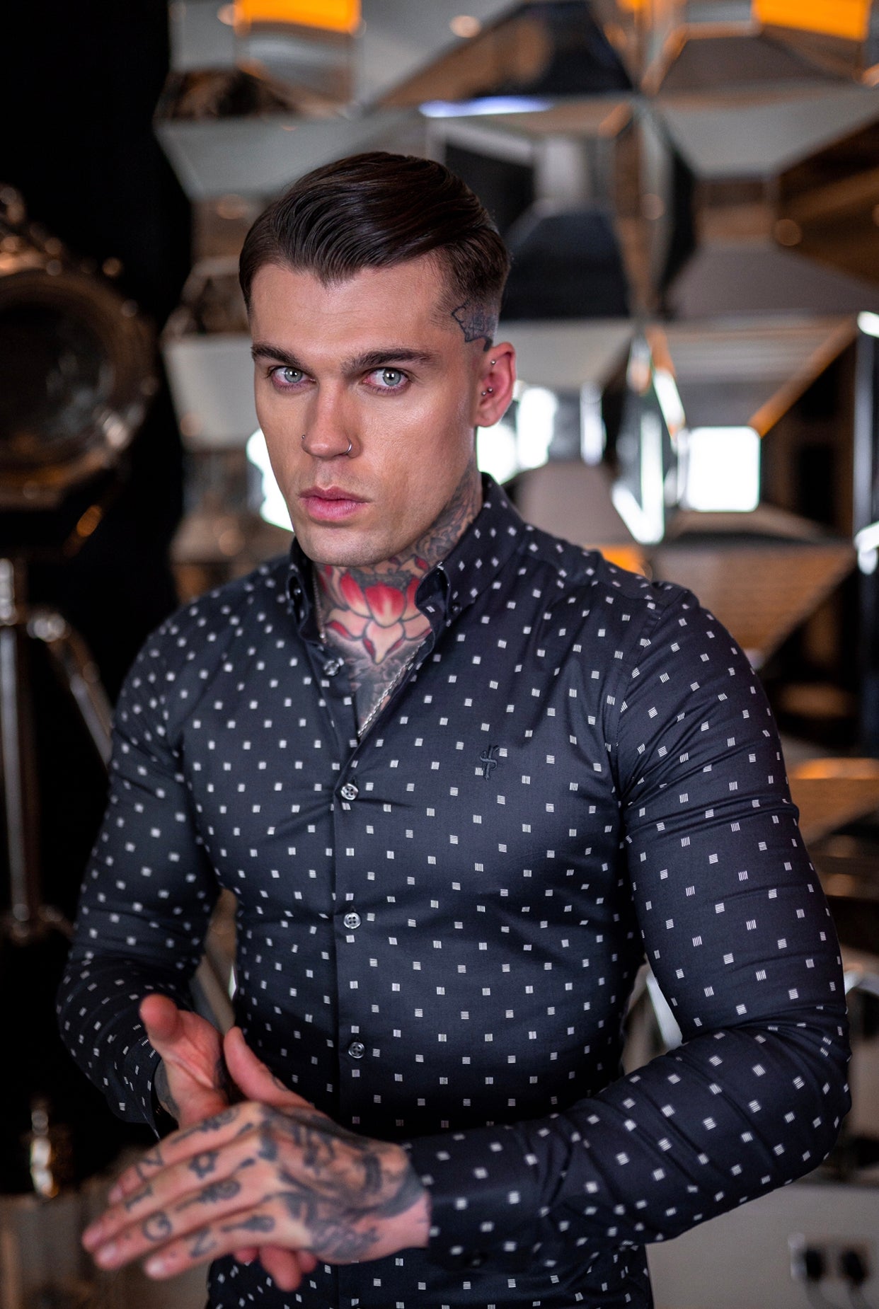 Super Slim Stretch Charcoal & Off White Broken Square Print Long Sleeve - FS663