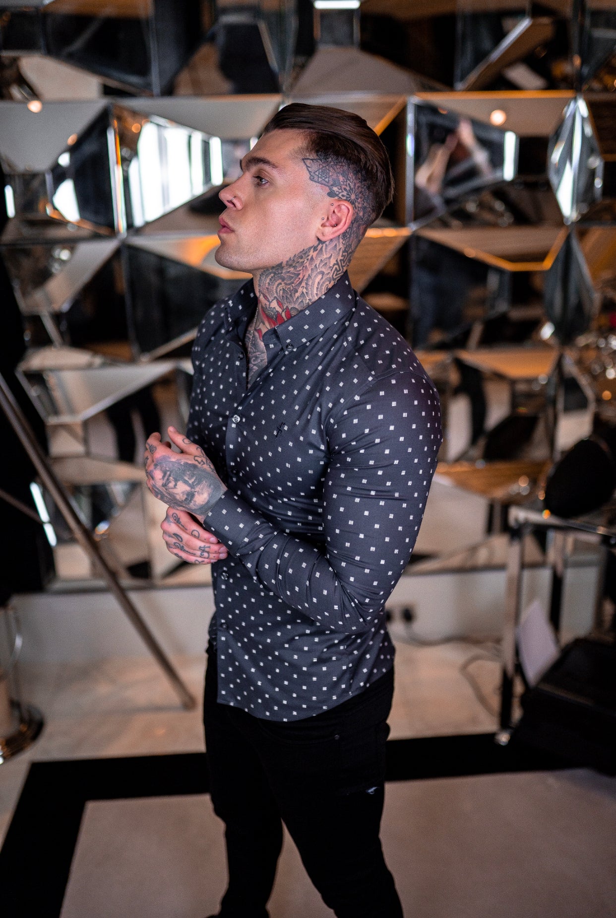 Super Slim Stretch Charcoal & Off White Broken Square Print Long Sleeve - FS663