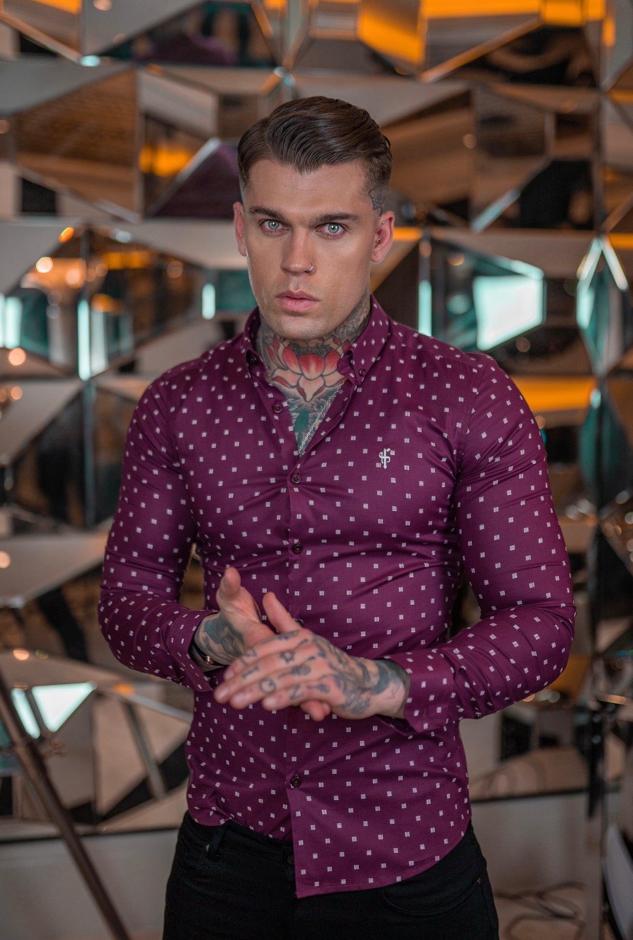 Super Slim Stretch Burgundy & White Broken Square Print Long Sleeve - FS660