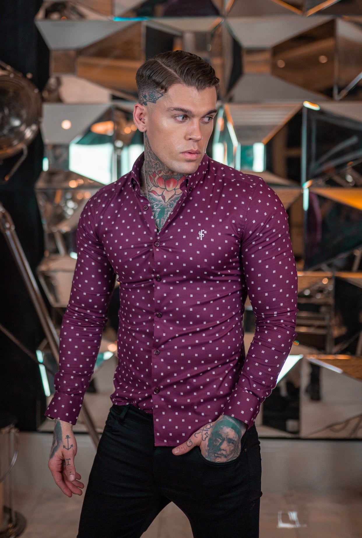 Super Slim Stretch Burgundy & White Broken Square Print Long Sleeve - FS660