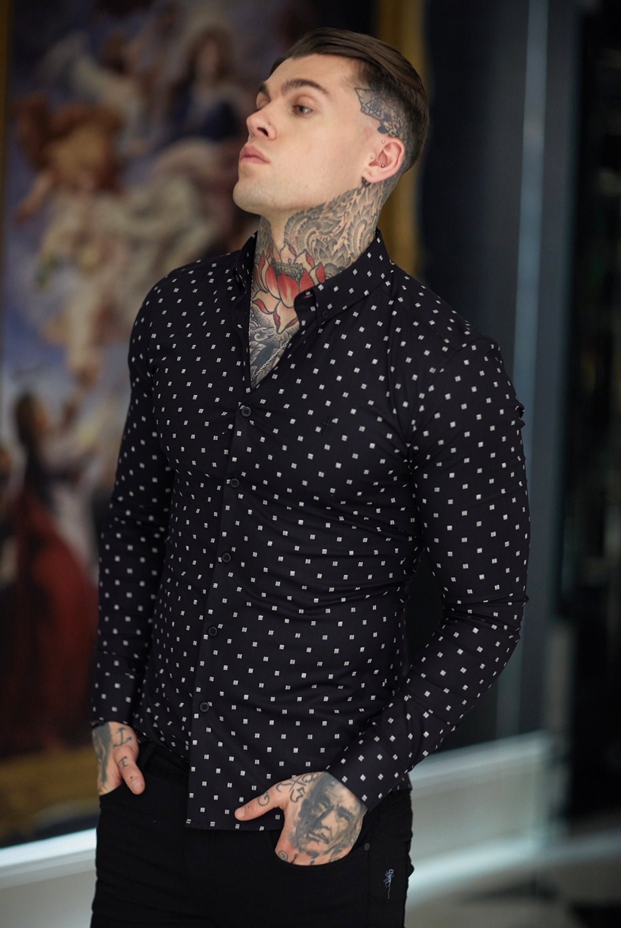 Super Slim Stretch Black & Off White Broken Square Print Long Sleeve - FS662