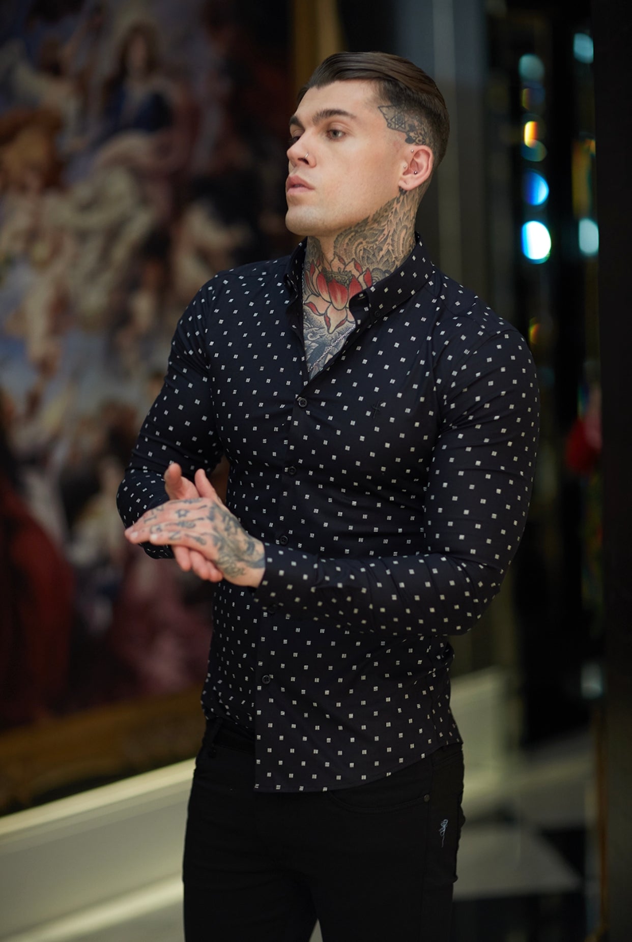 Super Slim Stretch Black & Off White Broken Square Print Long Sleeve - FS662