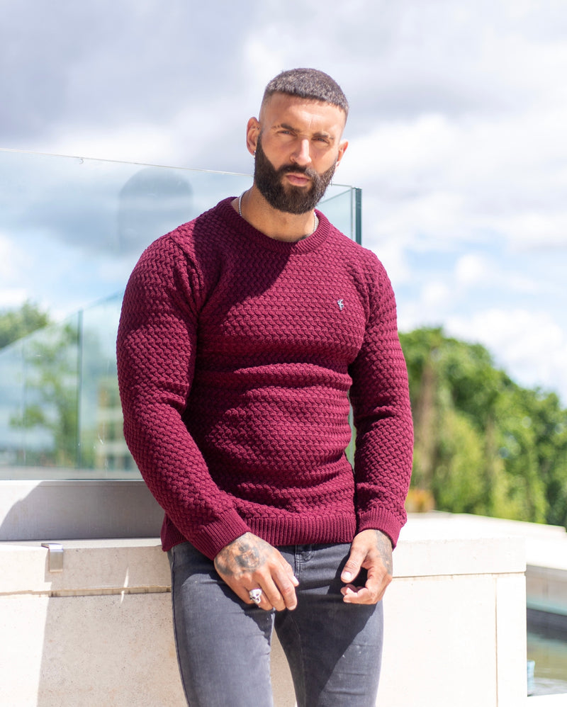 Father Sons Burgundy Knitted Weave Super Slim Jumper With Metal Decal - FSJ017