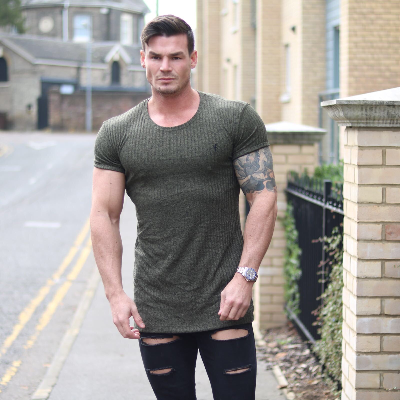 Classic Khaki Ribbed Knit Super Slim Long Line Crew - FSH172