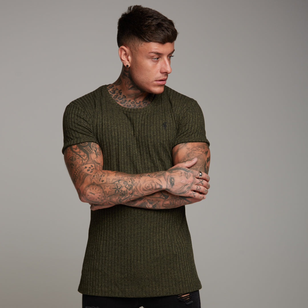 Classic Khaki Ribbed Knit Super Slim Long Line Crew - FSH172