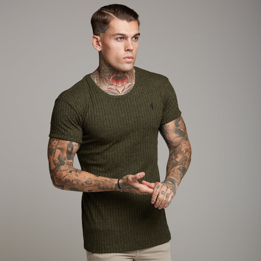Classic Khaki Ribbed Knit Super Slim Long Line Crew - FSH172
