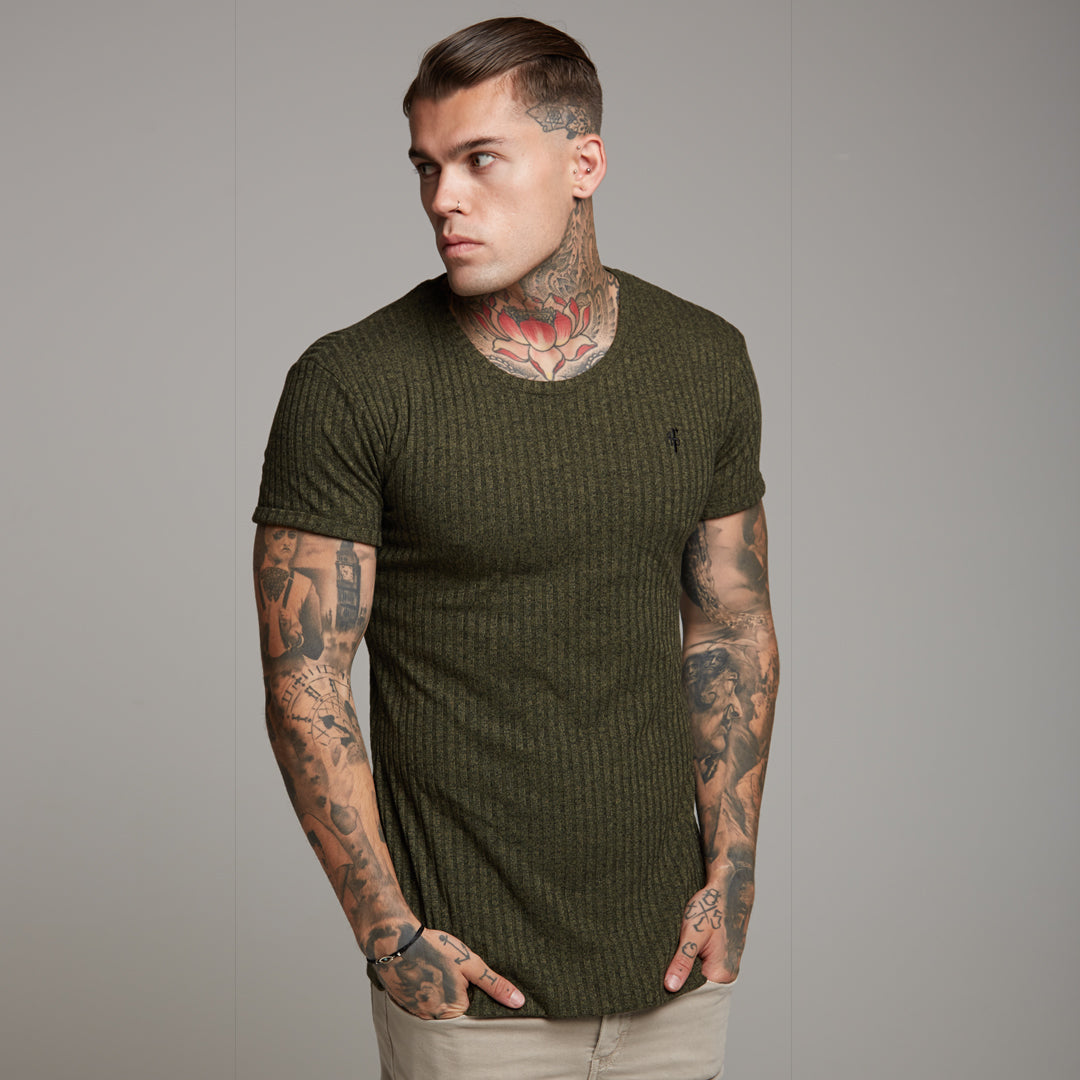Classic Khaki Ribbed Knit Super Slim Long Line Crew - FSH172