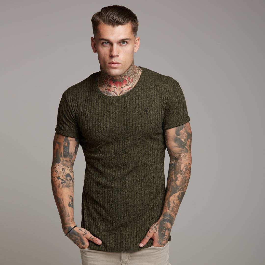 Classic Khaki Ribbed Knit Super Slim Long Line Crew - FSH172