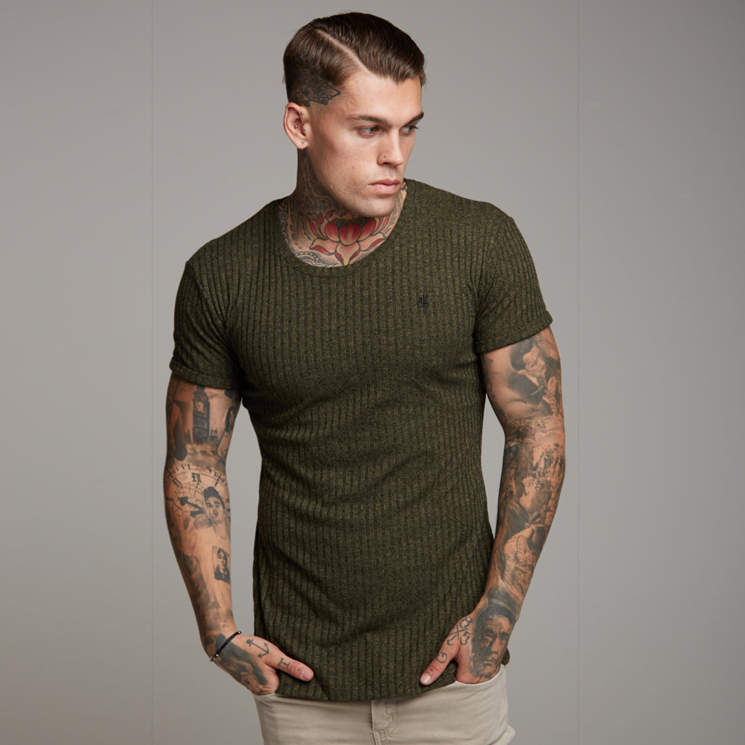 Classic Khaki Ribbed Knit Super Slim Long Line Crew - FSH172