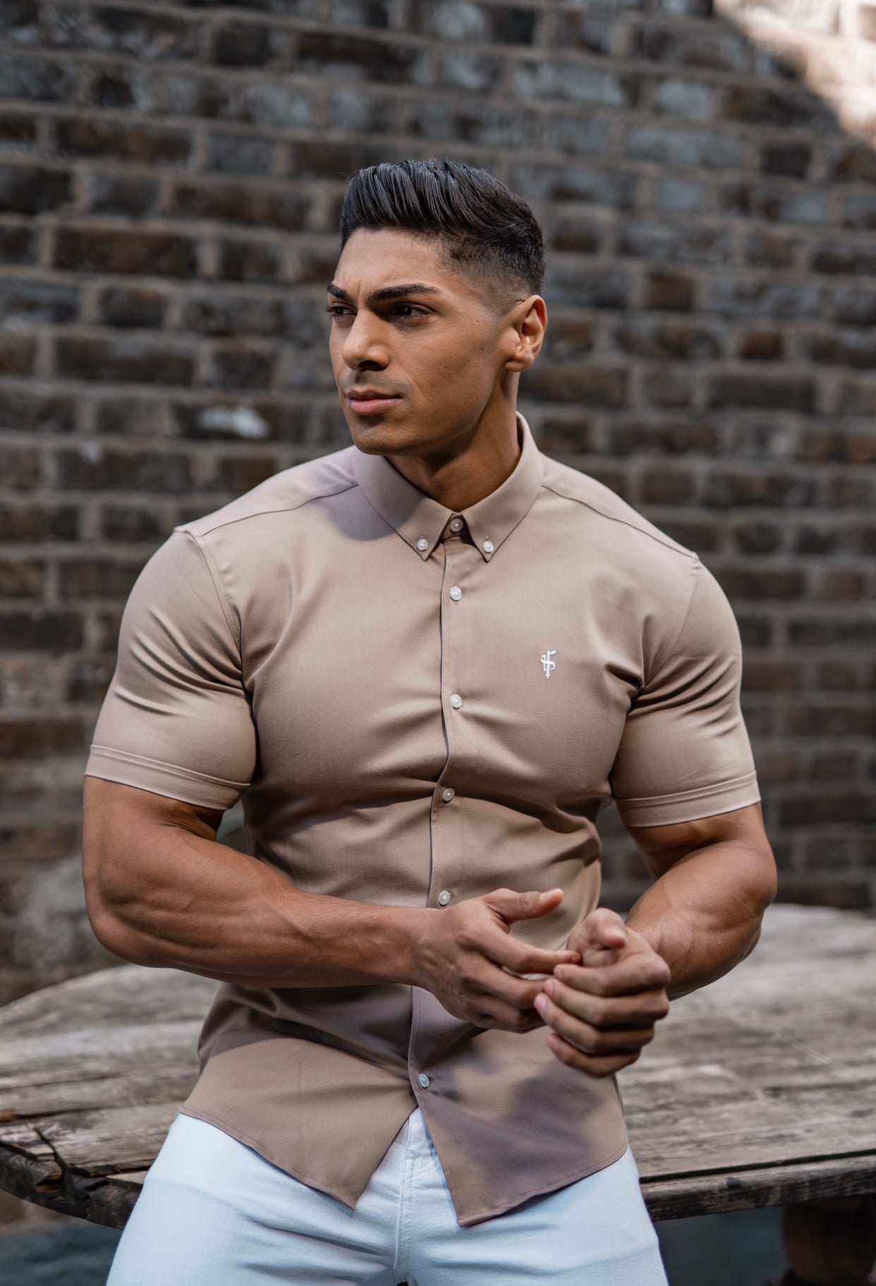 Super Slim Stretch Beige Denim Short Sleeve - FS344