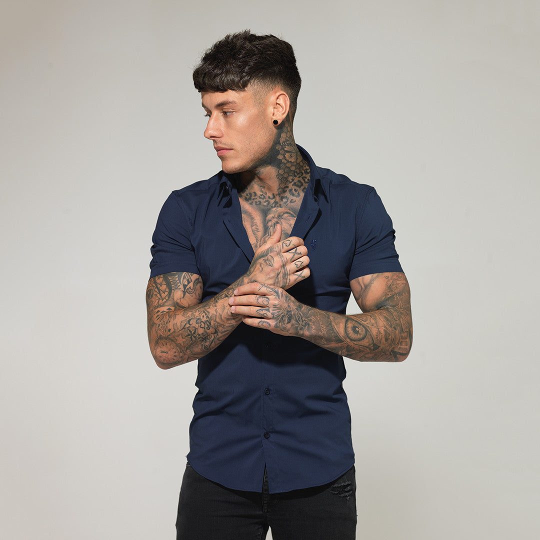 Super Slim Stretch Classic Navy Short Sleeve - FS181