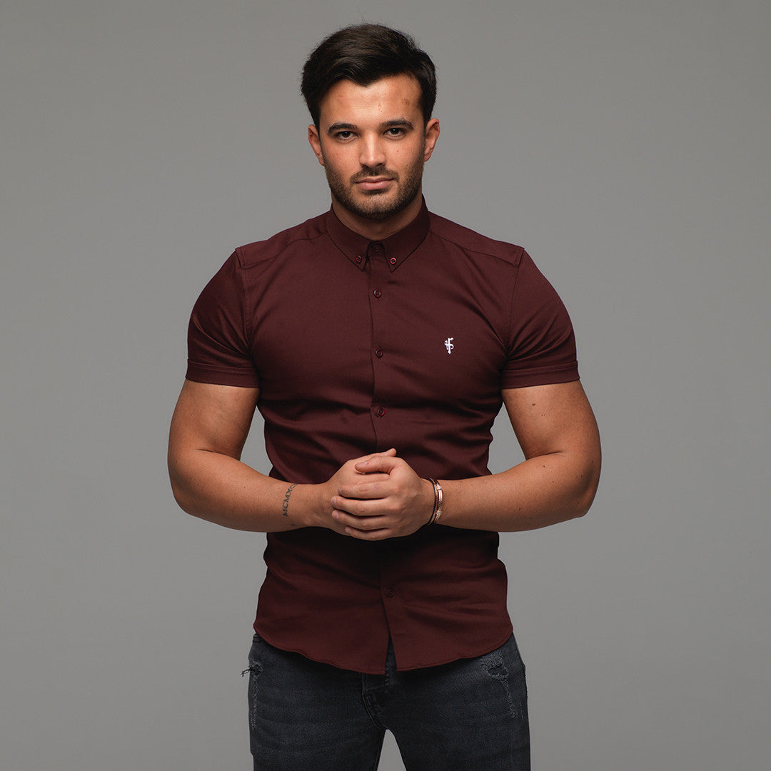 Super Slim Stretch Burgundy Denim Short Sleeve - FS204
