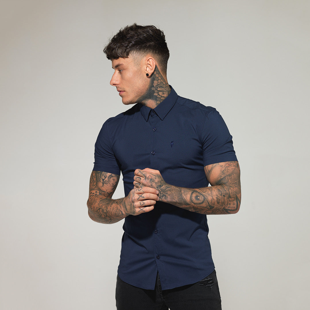 Super Slim Stretch Classic Navy Short Sleeve - FS181