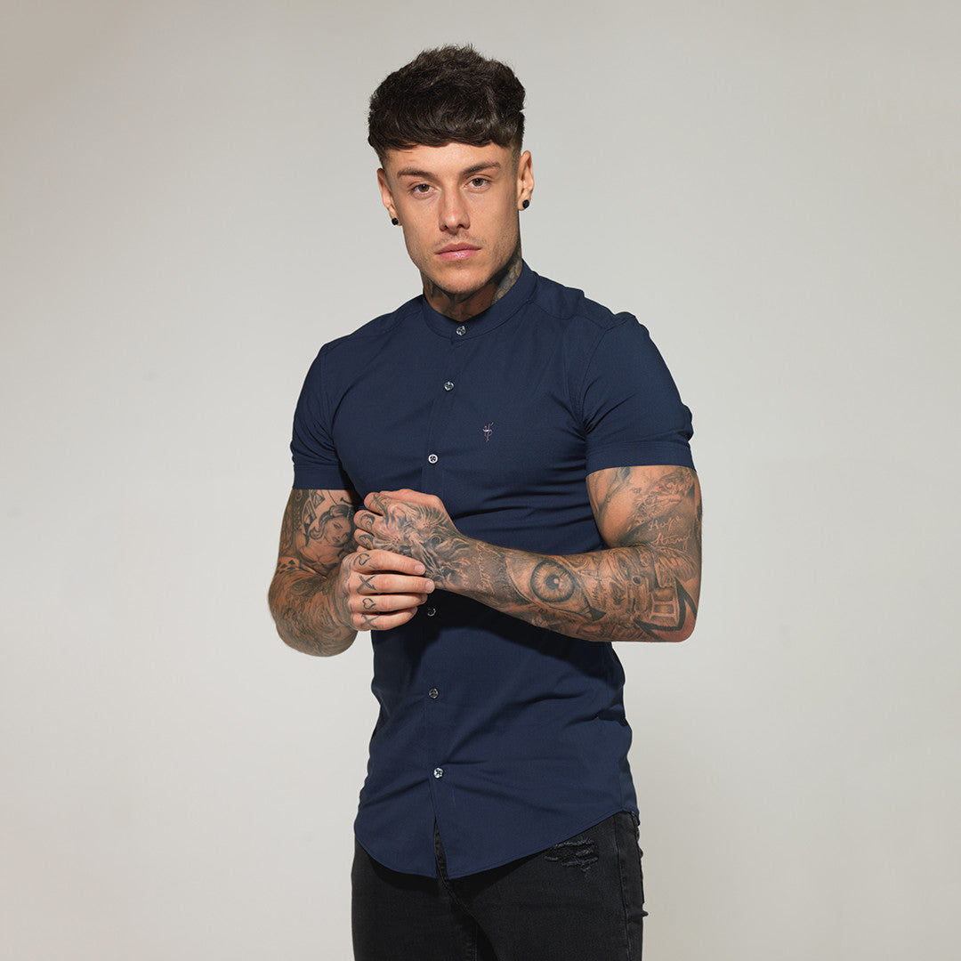 Super Slim Stretch Classic Navy Grandad Collar Short Sleeve - FS182