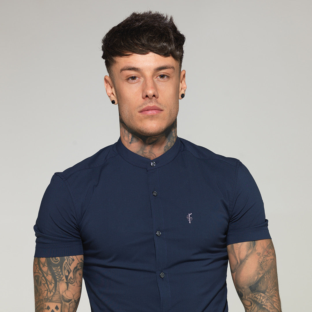 Super Slim Stretch Classic Navy Grandad Collar Short Sleeve - FS182