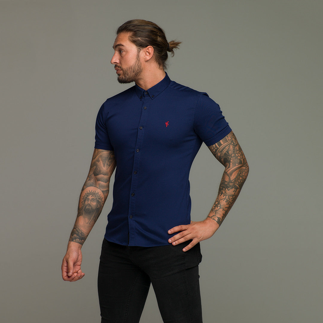 Super Slim Stretch Navy Denim Short Sleeve (Red Emblem) - FS199