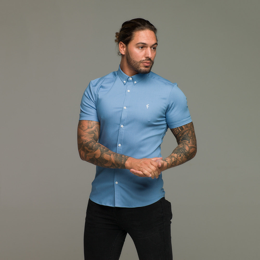 Super Slim Stretch Light Blue Denim Short Sleeve - FS200
