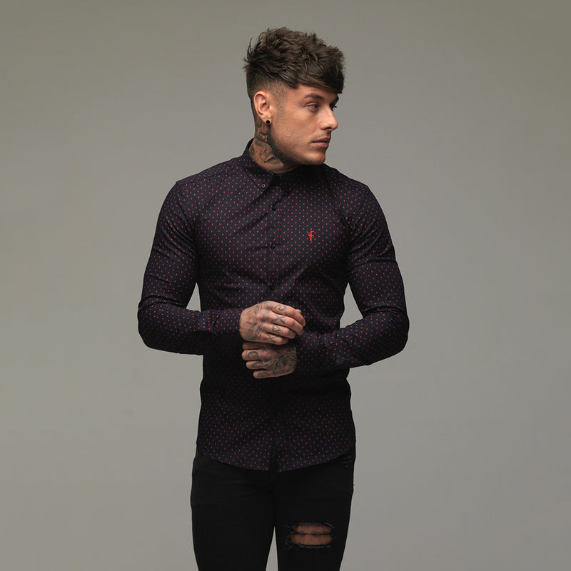Father Sons Super Slim Stretch Navy & Red Ditsy Print Long Sleeve (Red Embroidery) - FS092R