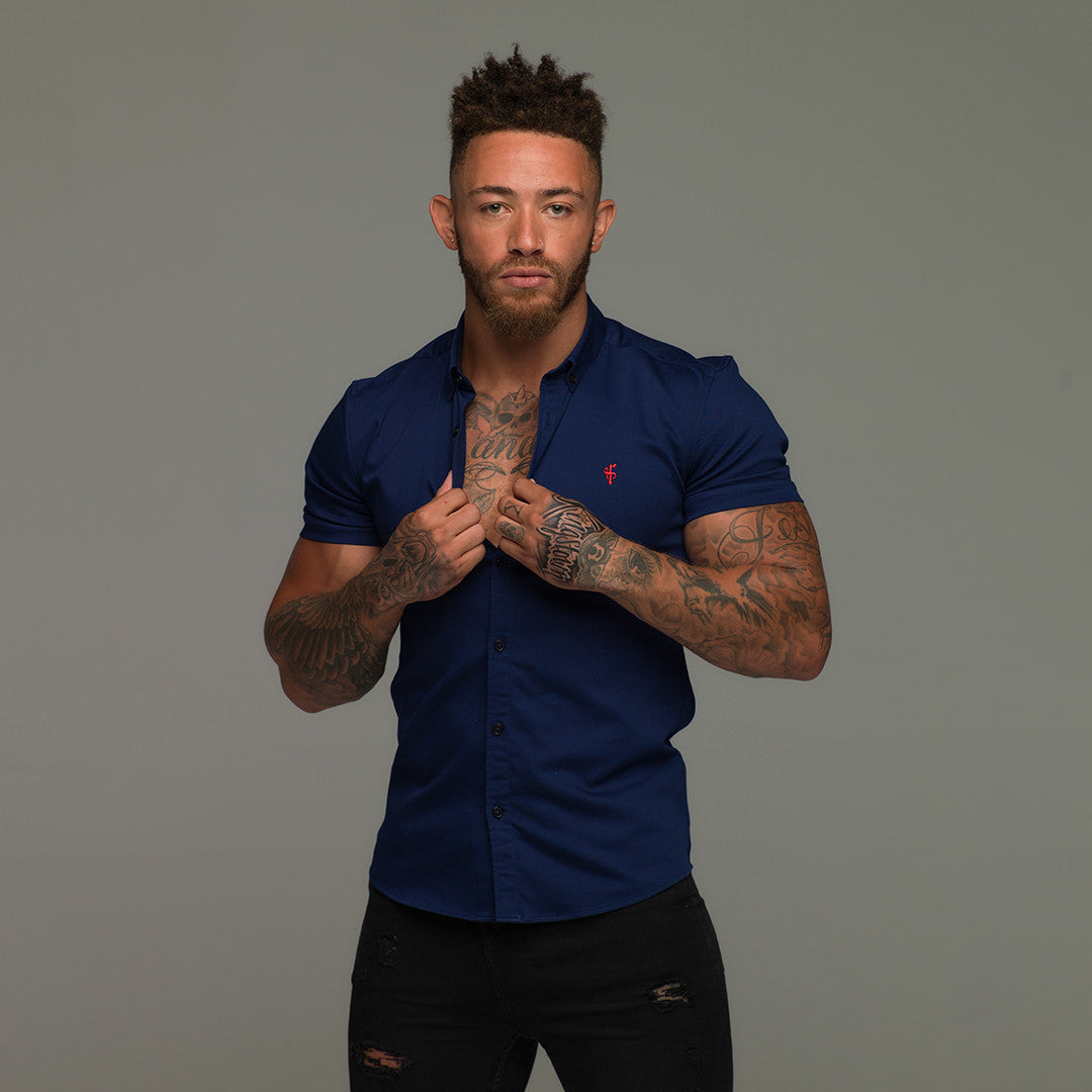 Super Slim Stretch Navy Denim Short Sleeve (Red Emblem) - FS199