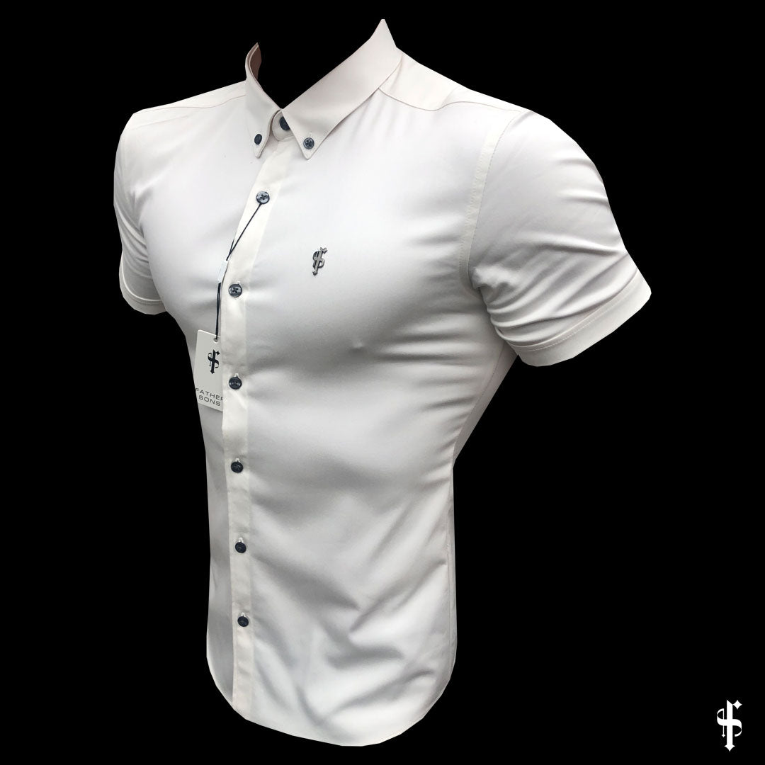 Super Slim Stretch Cream Denim Short Sleeve with Metal Decal Emblem - FS645