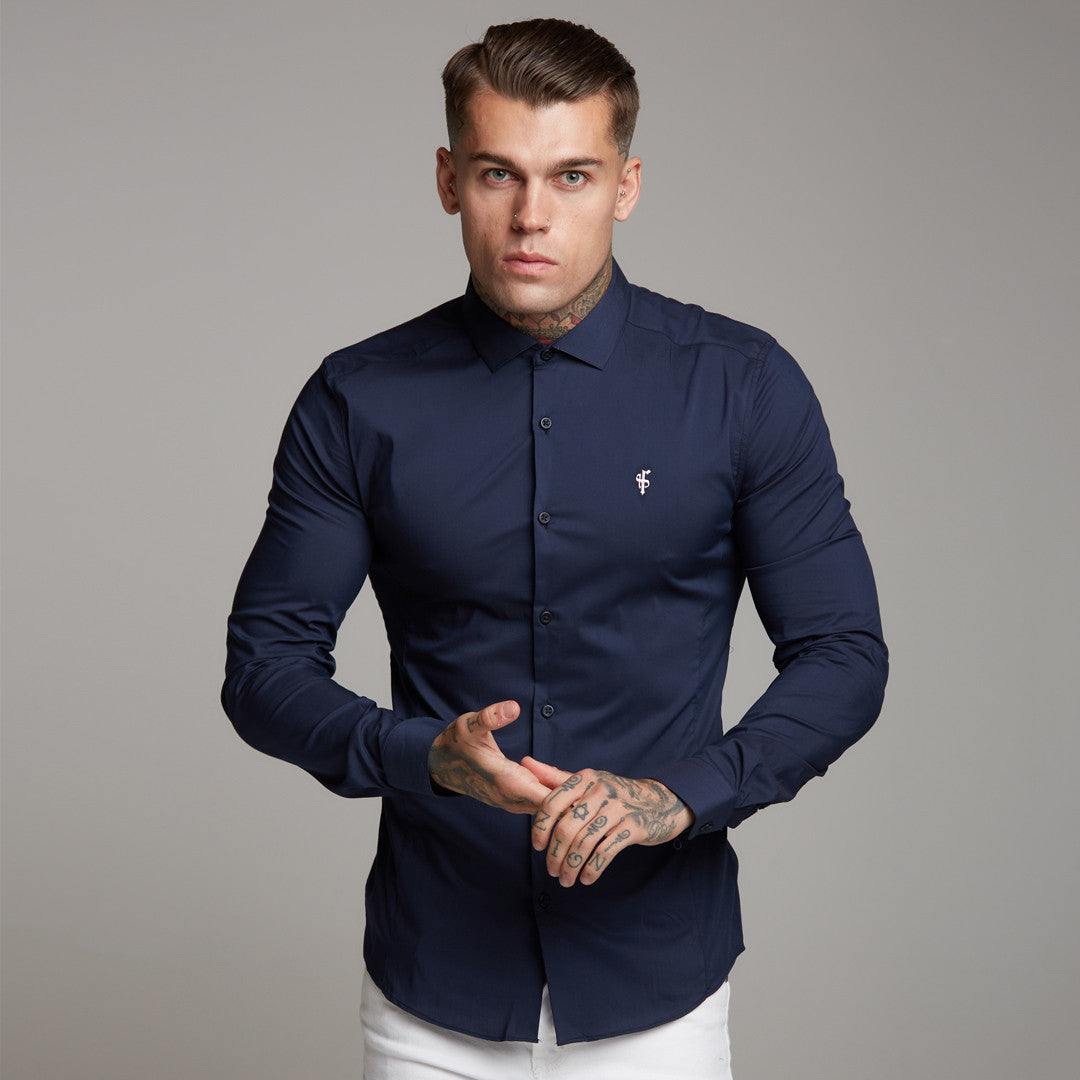 Super Slim Stretch Classic Navy Panel Shirt (Pink embroidery) - FS321