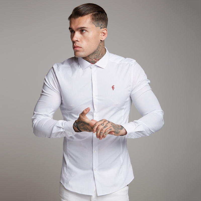 Father Sons Super Slim Stretch Classic White Panel Shirt (Burgundy embroidery) - FS316 (LAST CHANCE)