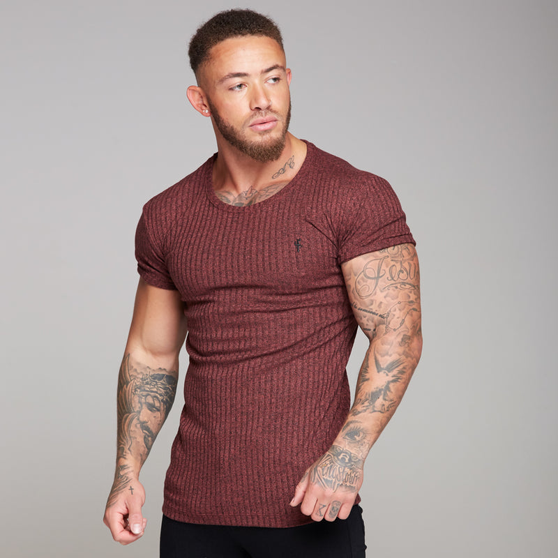 Father Sons Classic Burgundy Ribbed Knit Super Slim Long Line Crew - FSH170