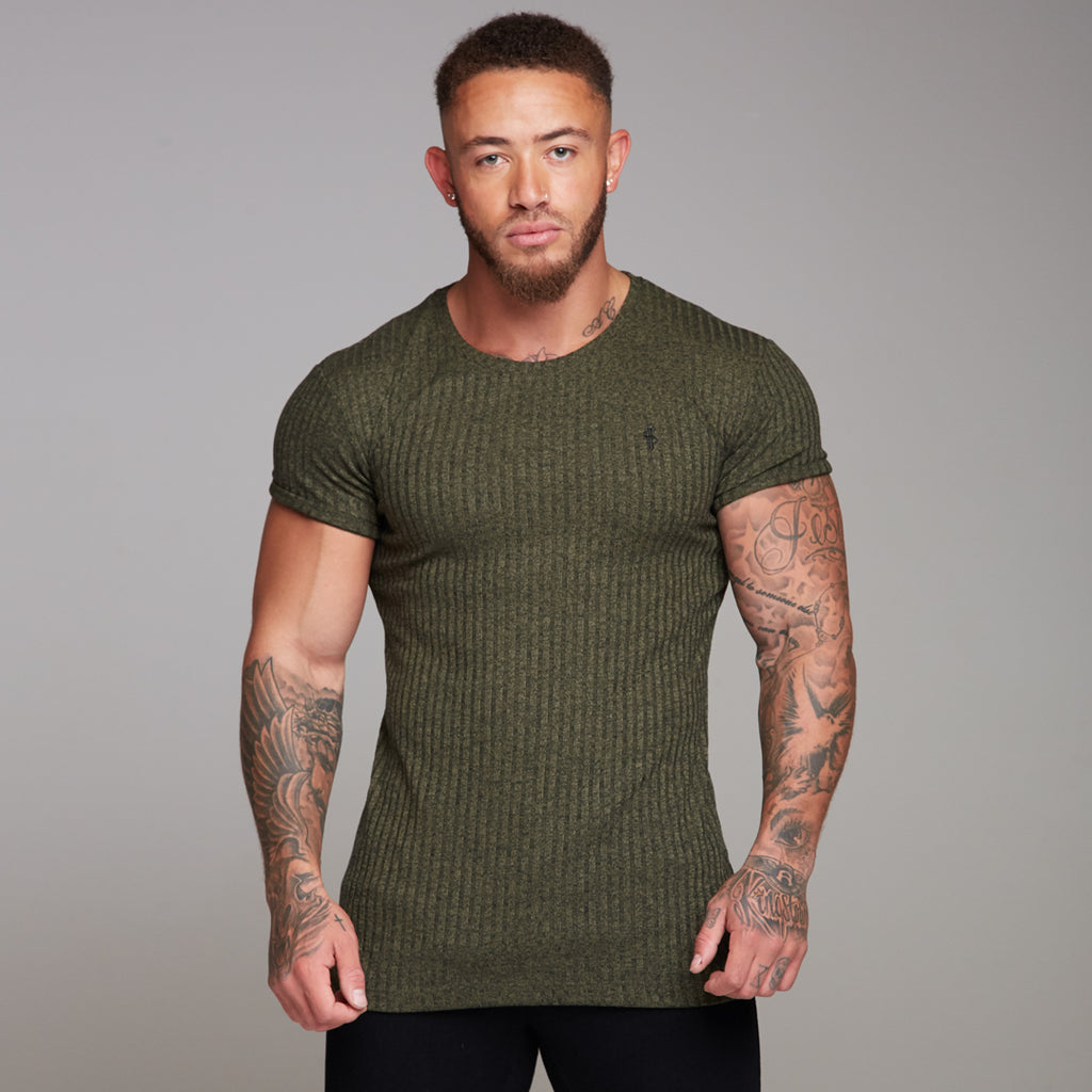 Father Sons Classic Khaki Ribbed Knit Super Slim Long Line Crew 