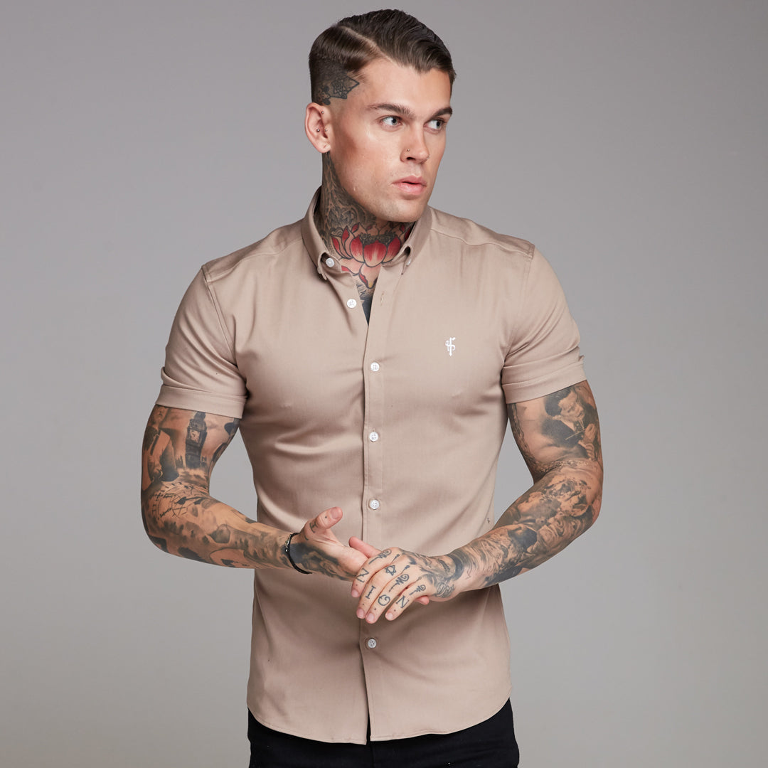 Super Slim Stretch Beige Denim Short Sleeve - FS344