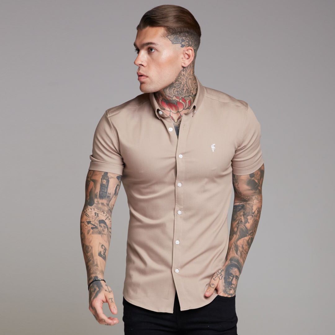 Super Slim Stretch Beige Denim Short Sleeve - FS344