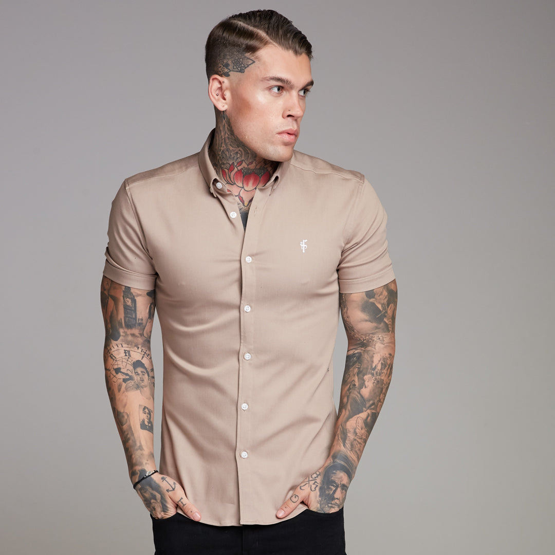 Super Slim Stretch Beige Denim Short Sleeve - FS344