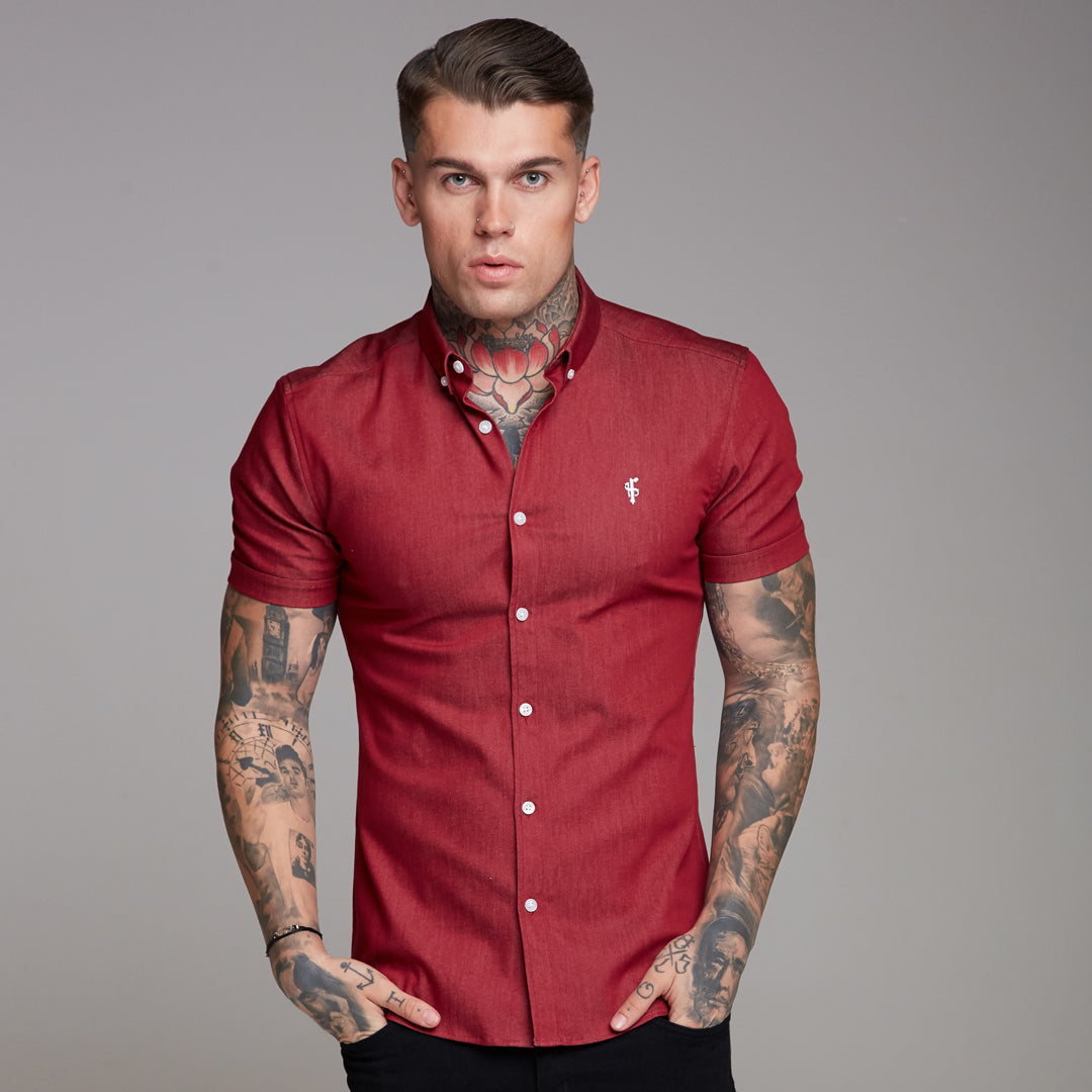 Denim Short Sleeve Button Down Collar White Emblem