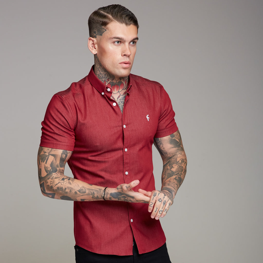 Super Slim Stretch Oxblood Denim Short Sleeve - FS340