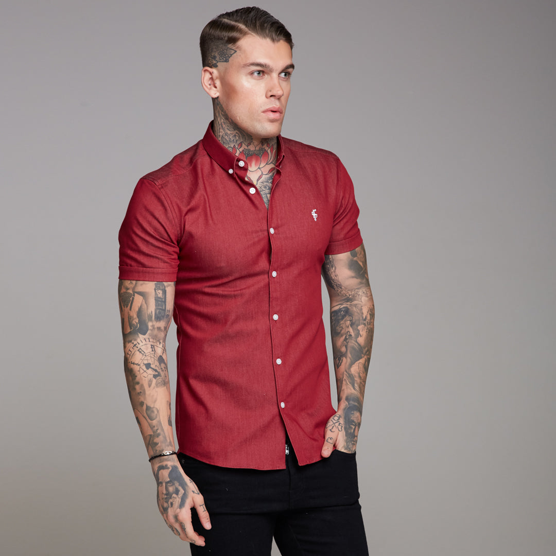 Super Slim Stretch Oxblood Denim Short Sleeve - FS340