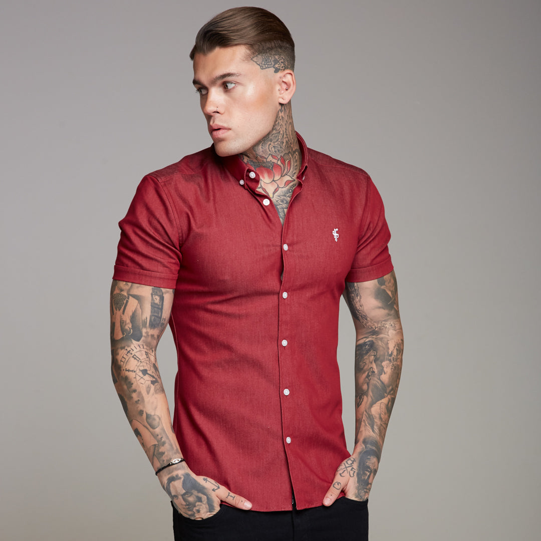 Super Slim Stretch Oxblood Denim Short Sleeve - FS340