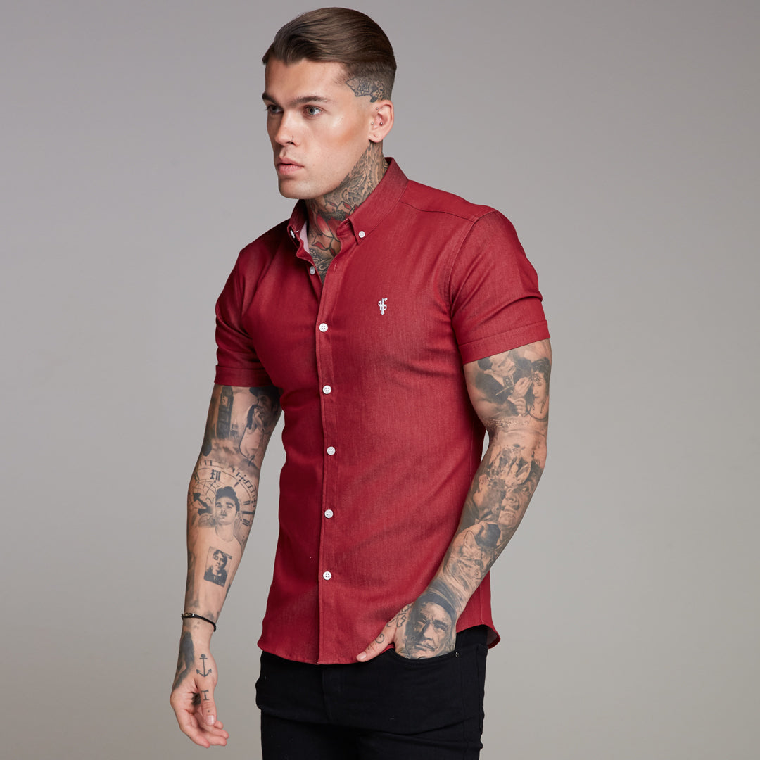 Super Slim Stretch Oxblood Denim Short Sleeve - FS340