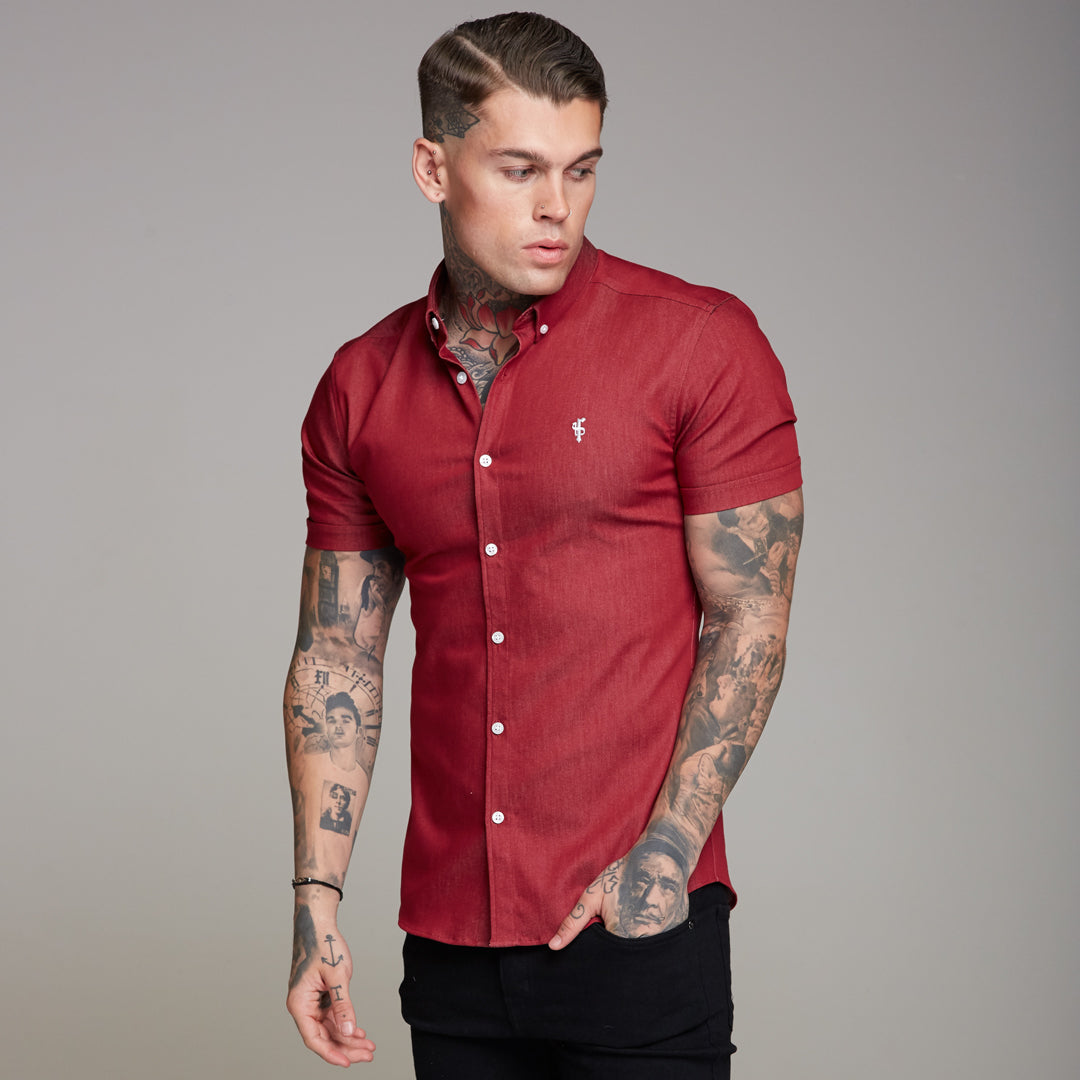 Super Slim Stretch Oxblood Denim Short Sleeve - FS340