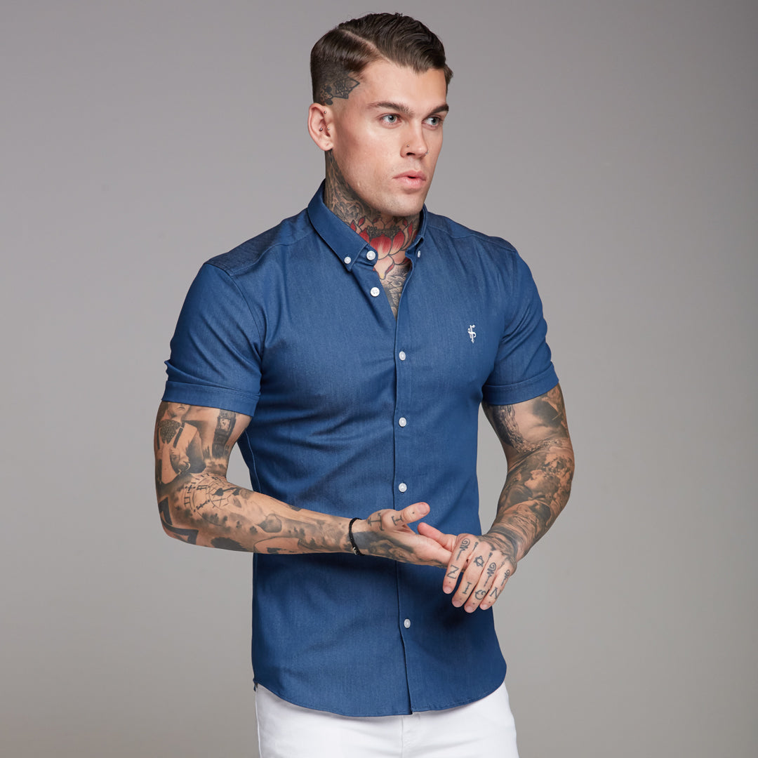 Super Slim Stretch Aegean Blue Denim Short Sleeve - FS346
