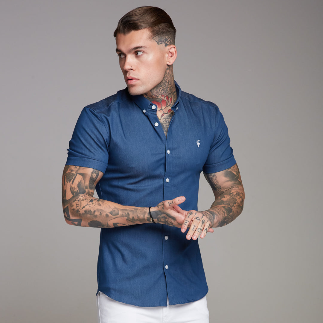 Super Slim Stretch Aegean Blue Denim Short Sleeve - FS346