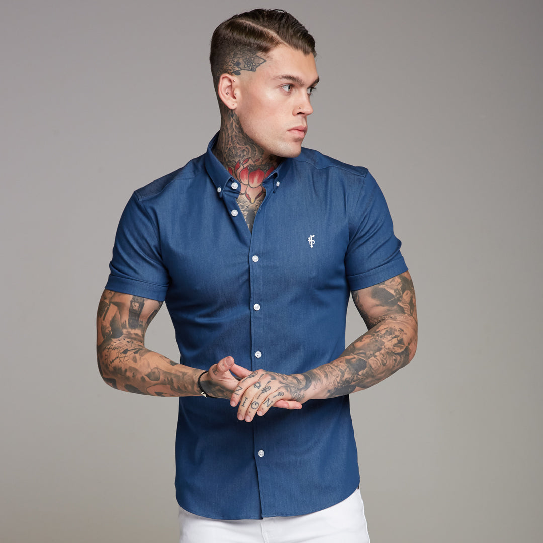 Super Slim Stretch Aegean Blue Denim Short Sleeve - FS346