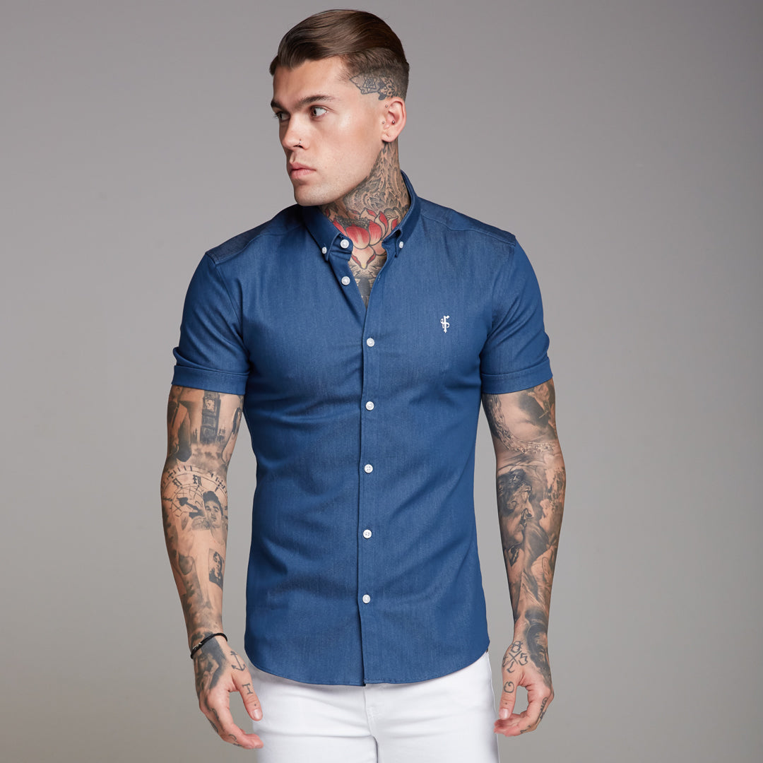 Super Slim Stretch Aegean Blue Denim Short Sleeve - FS346