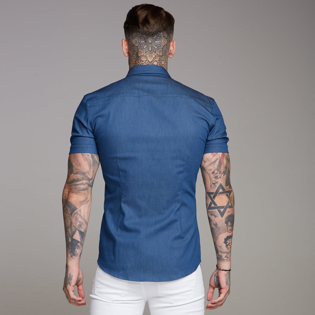 Super Slim Stretch Aegean Blue Denim Short Sleeve - FS346