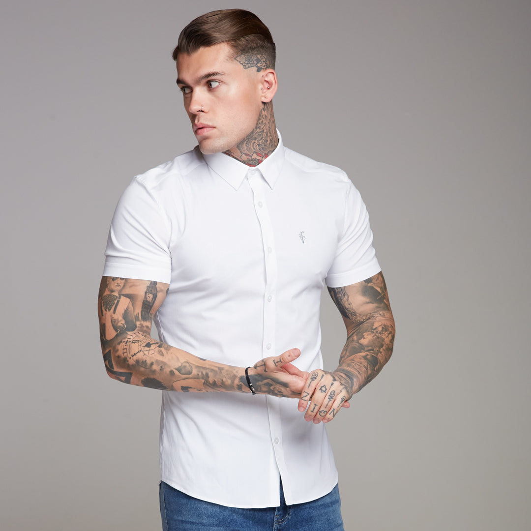 Super Slim Ultra Stretch Classic White Short Sleeve Shirt (Grey embroidery) - FS353