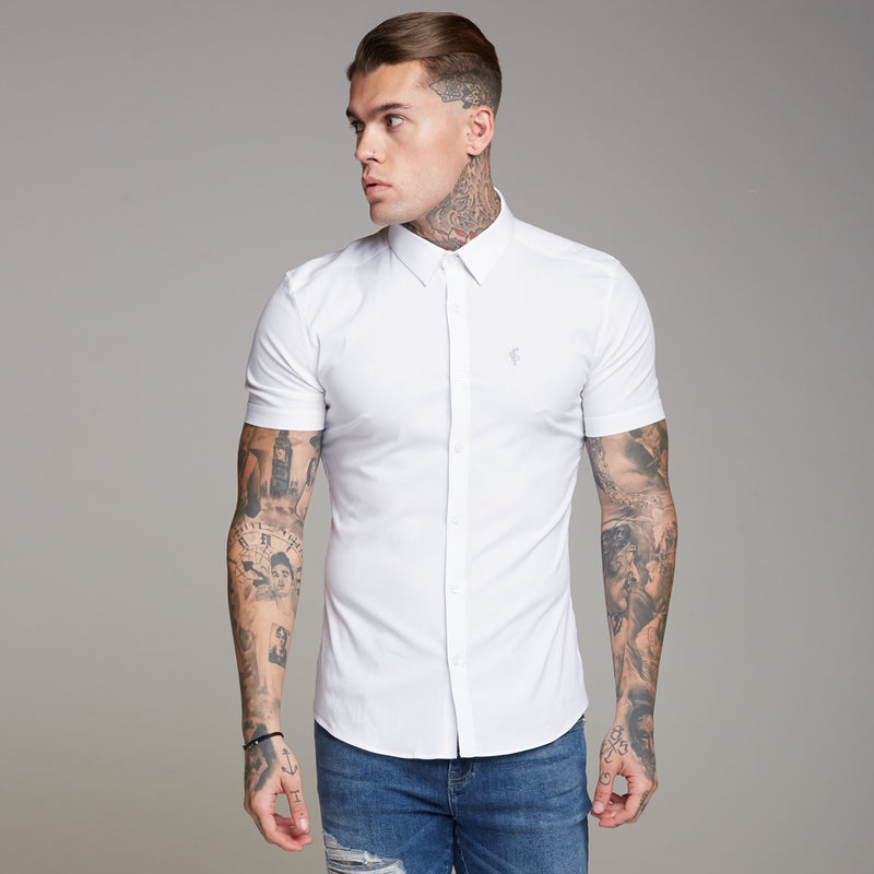 Father Sons Super Slim Ultra Stretch Classic White Short Sleeve Shirt (Grey embroidery) - FS353