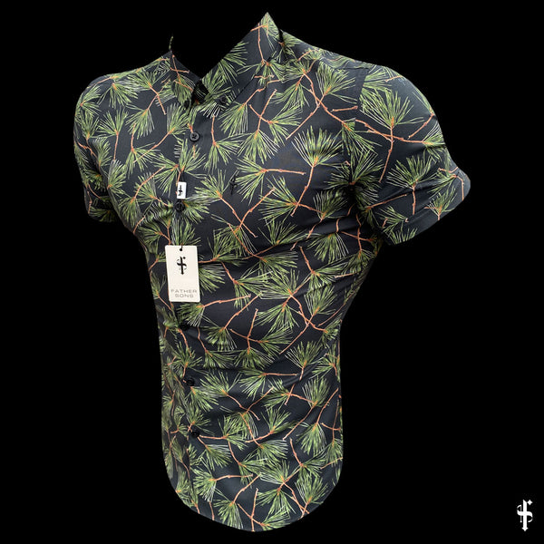 Father Sons Super Slim Stretch Black Base With Palm Tree Print Short Sleeve Button Down - FS586