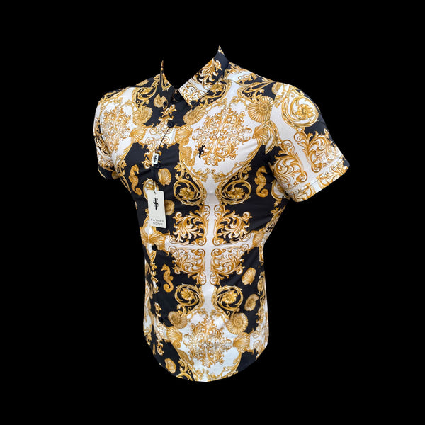 Father Sons Super Slim Stretch Black Gold Shell Print Short Sleeve with Button Down Collar - FS769