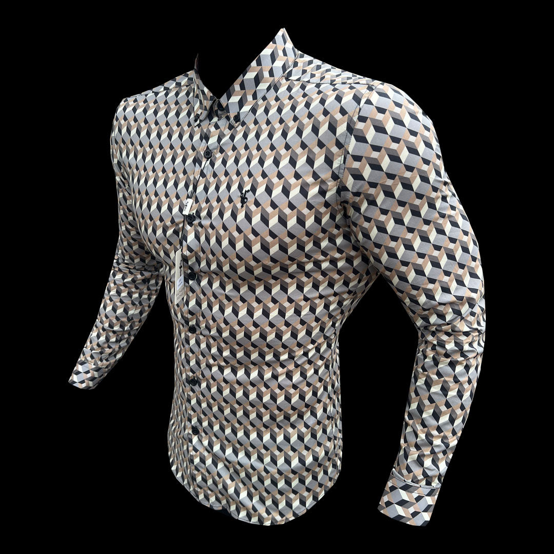Super Slim Stretch Grey / Beige Chevron Print Long Sleeve with Button Down Collar - FS904