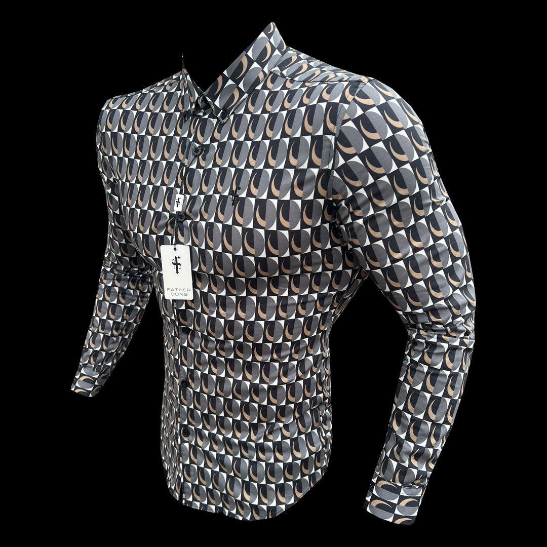 Super Slim Stretch Black Multi Retro Print Long Sleeve with Button Down Collar - FS910