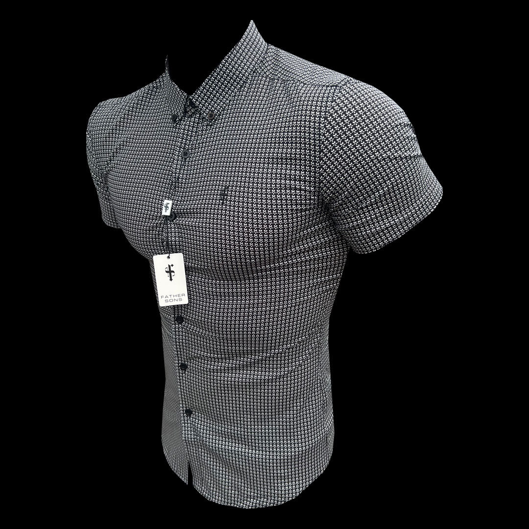 Super Slim Stretch Geo Print Short Sleeve with Button Down Collar